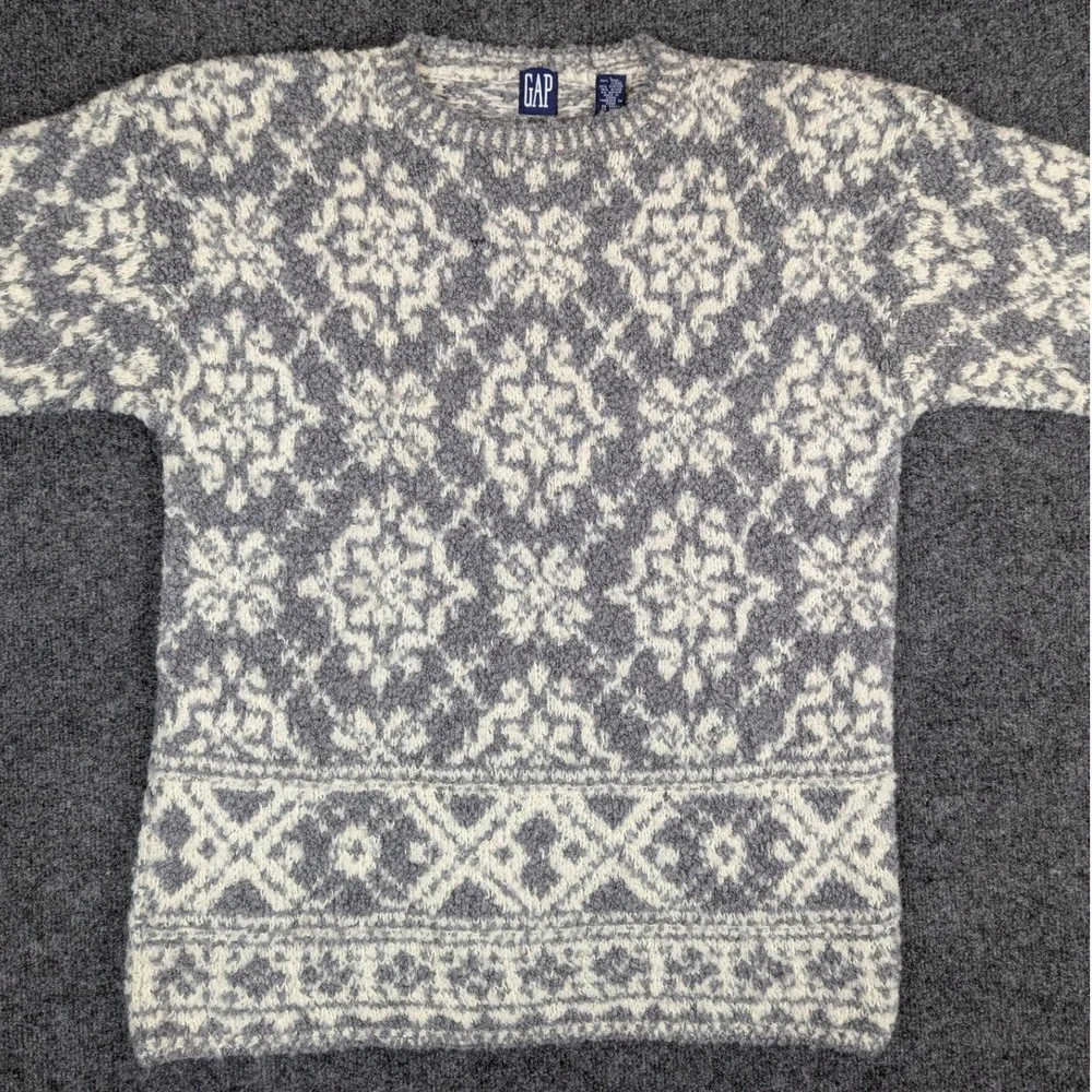 Gap Vintage Wool Mohair Blend Fair Isle Damask Crewneck Sweater Gray Large